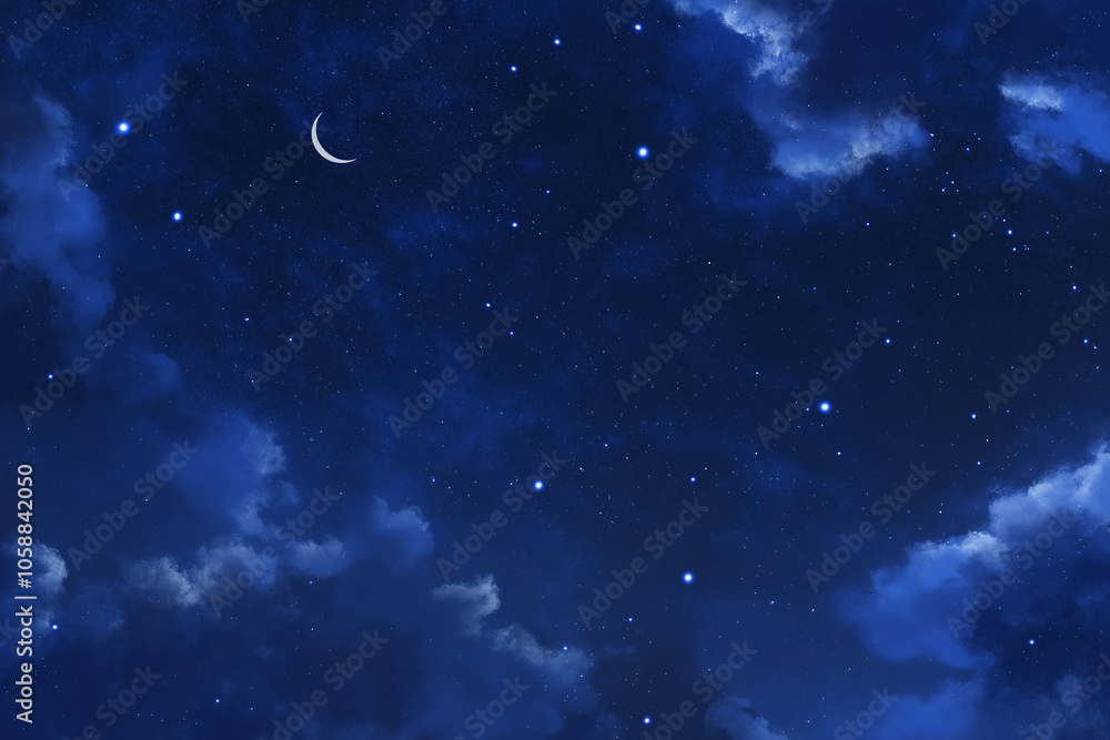 Nachthimmel mit Wolken und einem schmalen Mond

