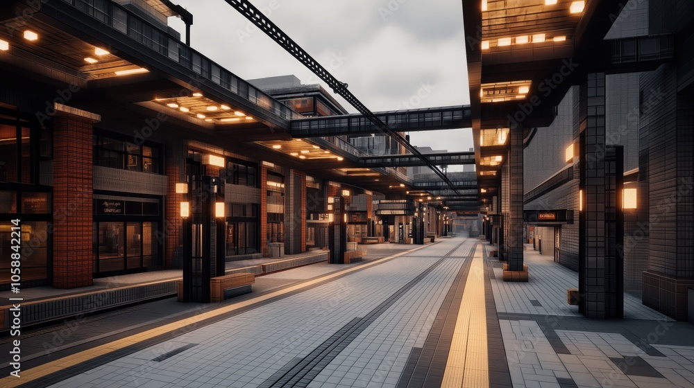 Modern architectural passageway with illuminated ceilings and empty pedestrian walkway, featuring brick and glass facades under a cloudy sky. Modern architectural passageway with illuminated ceilings and empty pedestrian walkway, featuring brick and glass facades under a cloudy sky.