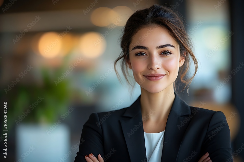 Smiling Businesswoman with Elegant Style and Confident Posture in Modern Office Smiling Businesswoman with Elegant Style and Confident Posture in Modern Office