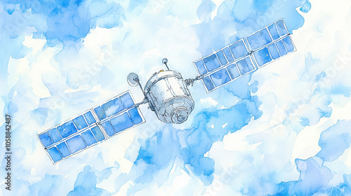 A watercolor illustration of a satellite in orbit, surrounded by a soft blue sky, emphasizing the beauty of space exploration.