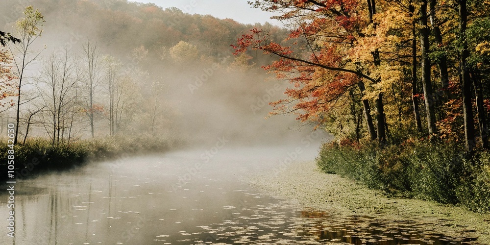 Serene Autumn River Scene with Vibrant Fall Foliage and Misty Forest Background Serene Autumn River Scene with Vibrant Fall Foliage and Misty Forest Background