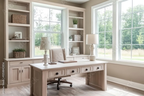 A delicate rustic home office design with a slightly modern touch, featuring light-colored cabinetry and soft, inviting details