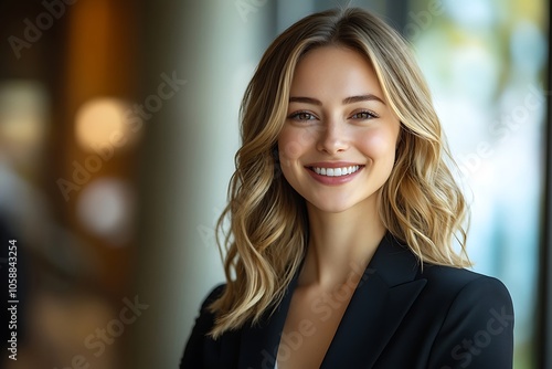 Smiling Businesswoman with Long Blonde Hair and Blazer