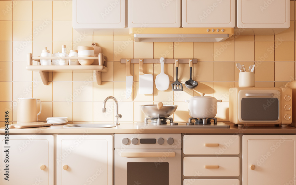 Kitchen room with cartoon style, 3d rendering. Kitchen room with cartoon style, 3d rendering.