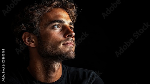 Silhouette of man in black t-shirt, backlit with strong contrast on white background