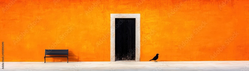 Fototapeta premium Black Bird Orange Wall Black Door Bench Minimalist Architecture