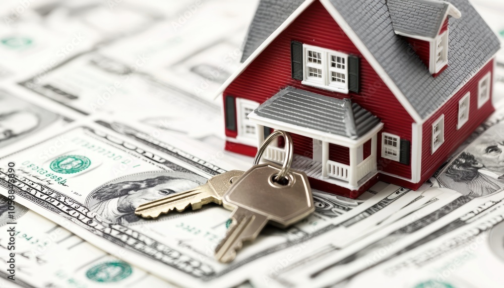Close-up of mortgage loan application with house model and keys, representing property financing, collateral, and real estate acquisition process Close-up of mortgage loan application with house model and keys, representing property financing, collateral, and real estate acquisition process