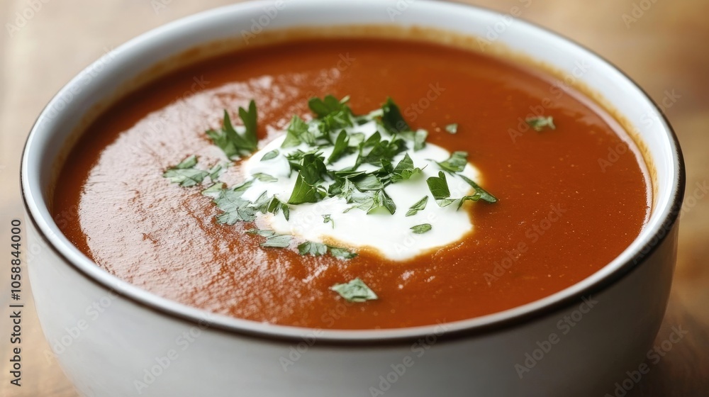 Bowl of tomato soup garnished with cream and fresh parsley, captured from a top-down perspective. This vibrant tomato soup image includes ample copy space for versatile use. Bowl of tomato soup garnished with cream and fresh parsley, captured from a top-down perspective. This vibrant tomato soup image includes ample copy space for versatile use.
