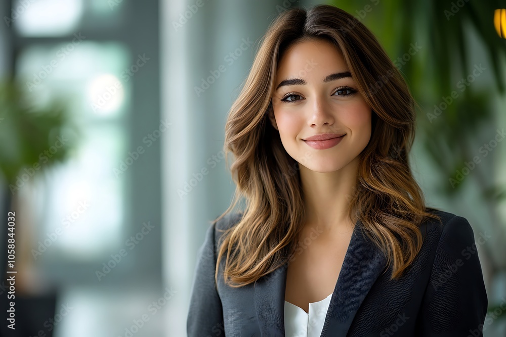 Smiling Businesswoman with Long Brown Hair in Gray Blazer Smiling Businesswoman with Long Brown Hair in Gray Blazer
