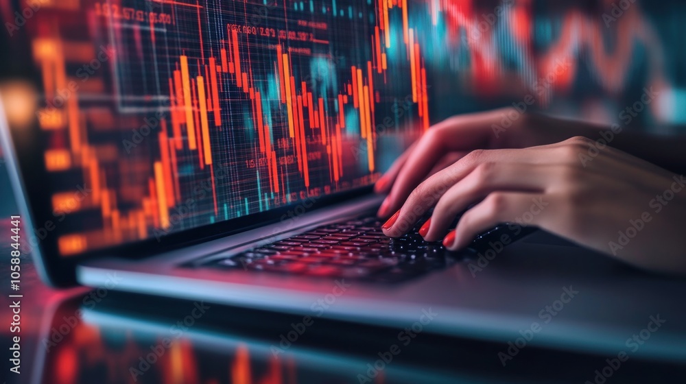 Hands Typing on Laptop with Stock Market Data Displayed on Screen Hands Typing on Laptop with Stock Market Data Displayed on Screen