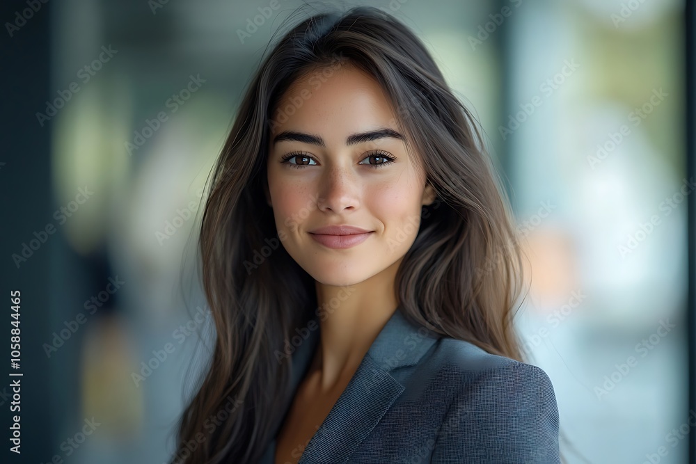 Smiling Businesswoman with Long Hair and Freckles in Blazer Smiling Businesswoman with Long Hair and Freckles in Blazer