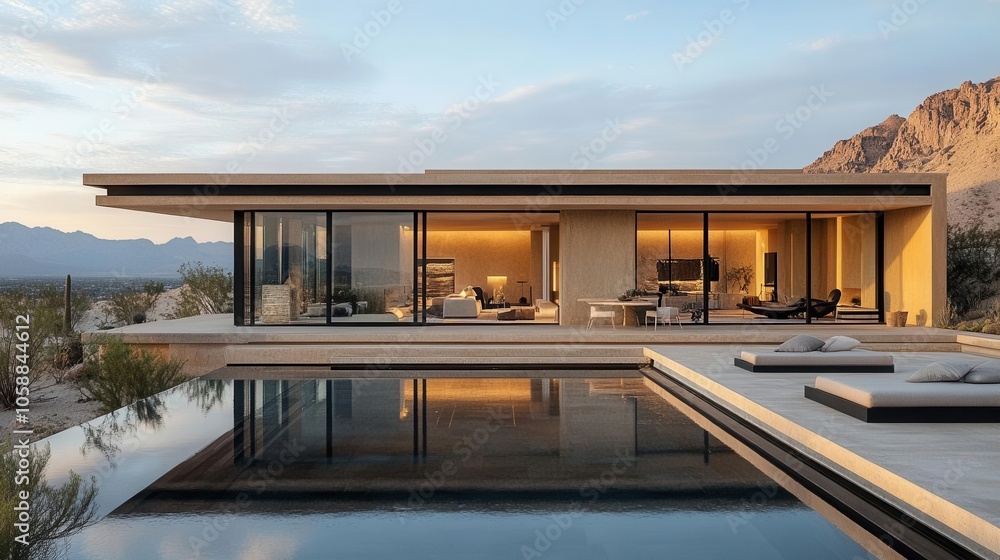 Fototapeta premium luxury villa exterior featuring minimalist design amidst breathtaking mountain views, with expansive glass windows that invite natural light and showcase the serene surroundings