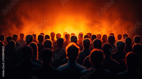 Silhouettes of crowd against black background, with warm yellow light glowing from the backside