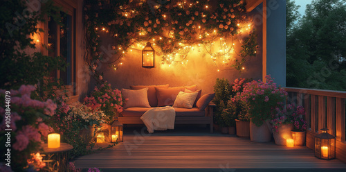 Serene Summer Terrace With Cozy Lighting And Garden Accents: A Tranquil Evening Ambiance Featuring Soft Lanterns, Lush Greenery, And Comfortable Seating