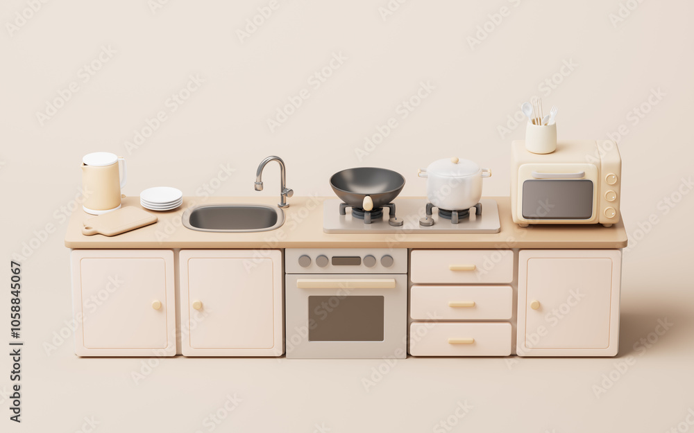 Fototapeta premium Kitchen room with cartoon style, 3d rendering.