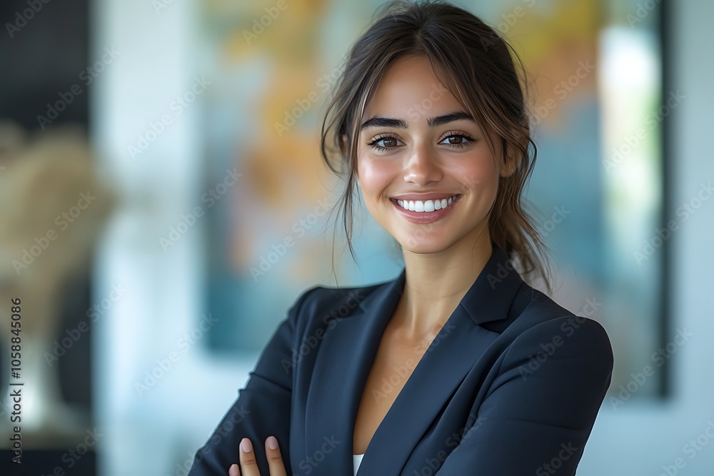 Smiling Businesswoman with Long Hair in Modern Office Setting with Natural Light Smiling Businesswoman with Long Hair in Modern Office Setting with Natural Light