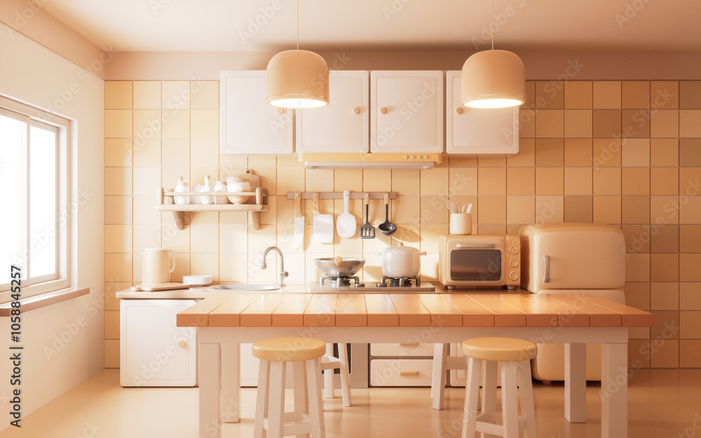 Dining table in the kitchen room with cartoon style, 3d rendering. Dining table in the kitchen room with cartoon style, 3d rendering.