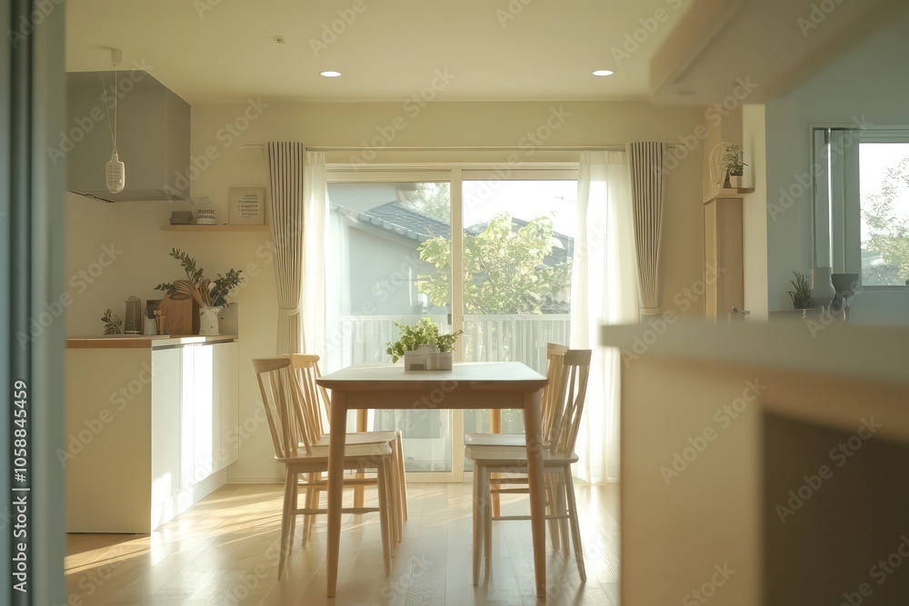a front view of the kitchen from the dining table. clean and minimalist home interior. day time with bright and natural lighting a front view of the kitchen from the dining table. clean and minimalist home interior. day time with bright and natural lighting