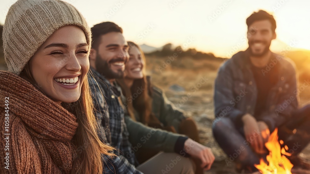 Group of friends laughing around a campfire at dusk, cozy blankets, warm friendship vibes Group of friends laughing around a campfire at dusk, cozy blankets, warm friendship vibes
