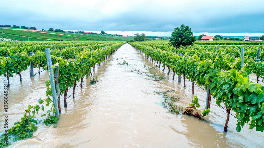 Naklejka premium Flooded vineyard, harvest loss, low quality wine, bad season
