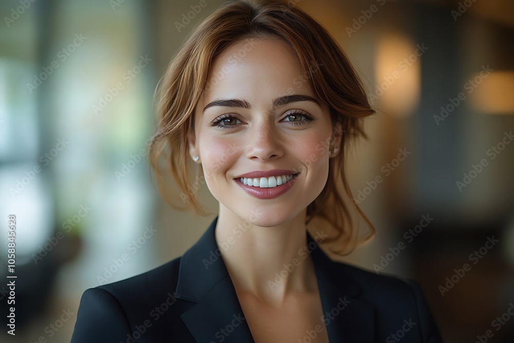 Smiling Businesswoman with Reddish Blonde Hair and Black Suit Smiling Businesswoman with Reddish Blonde Hair and Black Suit