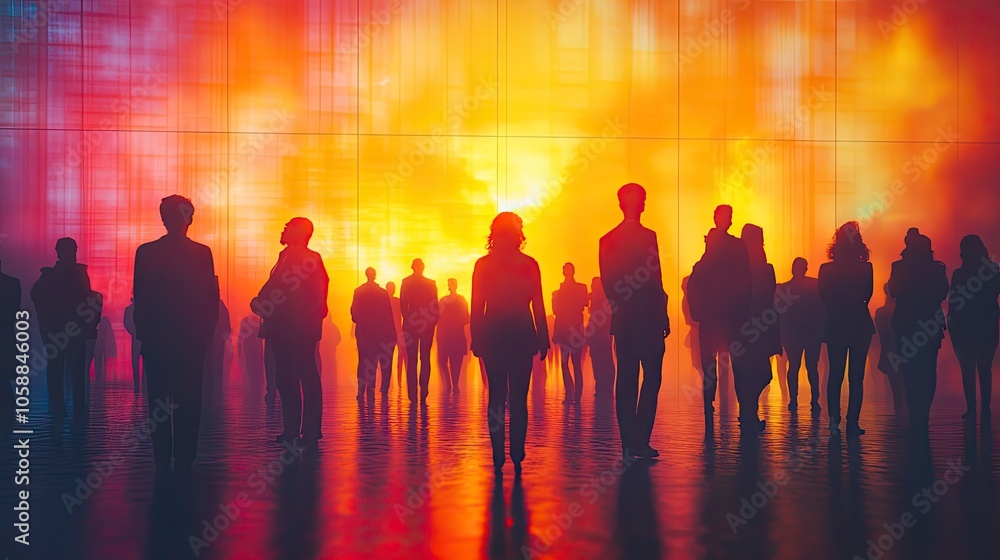 Silhouettes of businesspeople in front of crowd, set against pastel background with copy space for design Silhouettes of businesspeople in front of crowd, set against pastel background with copy space for design