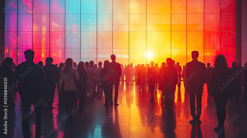 Silhouettes of businesspeople in front of crowd, set against pastel background with copy space for design Silhouettes of businesspeople in front of crowd, set against pastel background with copy space for design