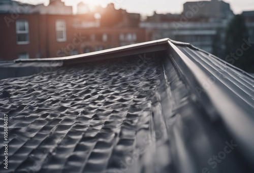 The roof of a private building is blank covered with a polymer storm drainage system with a gutter