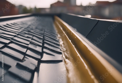 The roof of a private building is blank covered with a polymer storm drainage system with a gutter