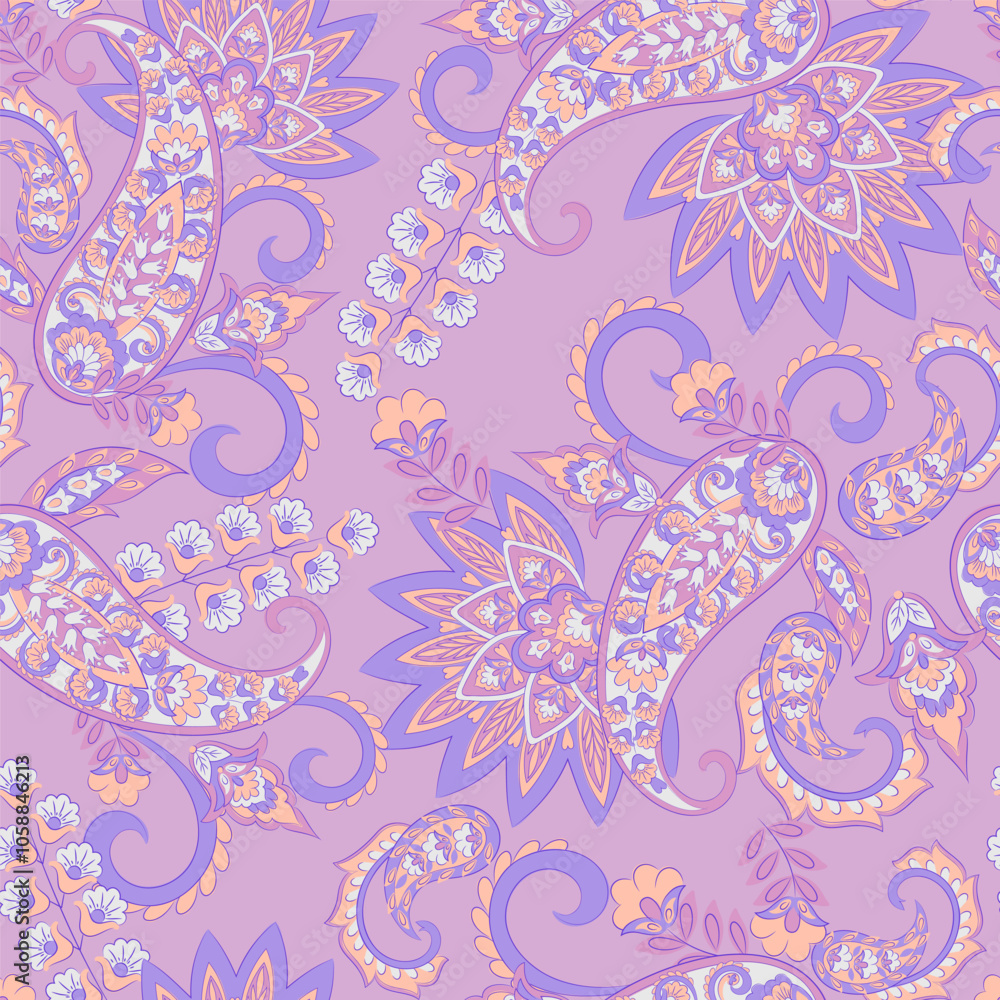 Fototapeta Digital vector textile print. Seamless Design suitable for covers, fabrics, textiles, wrapping paper, featuring an antique Thai pattern Paisley Indian motifs and decorative floral elements