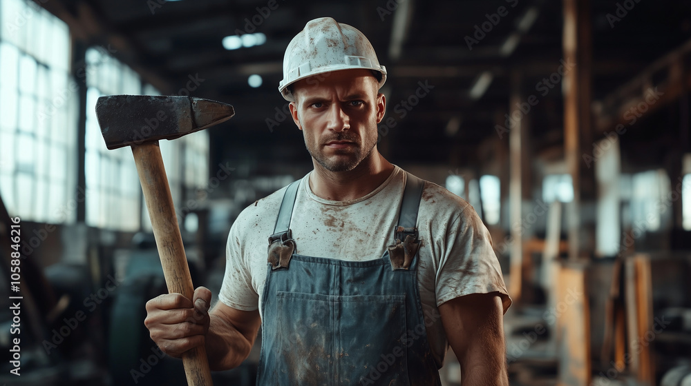 Serious male industrial worker posing with a sledgehammer, covered in dirt from a long day's work Serious male industrial worker posing with a sledgehammer, covered in dirt from a long day's work