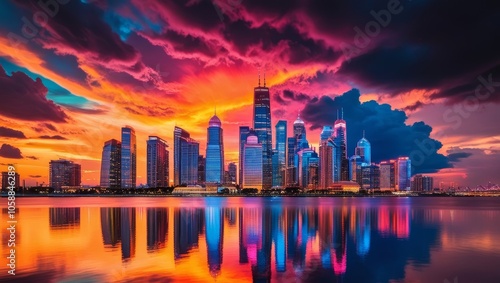 Panoramic city view at sunset, skyscrapers glowing with the river reflecting vibrant hues