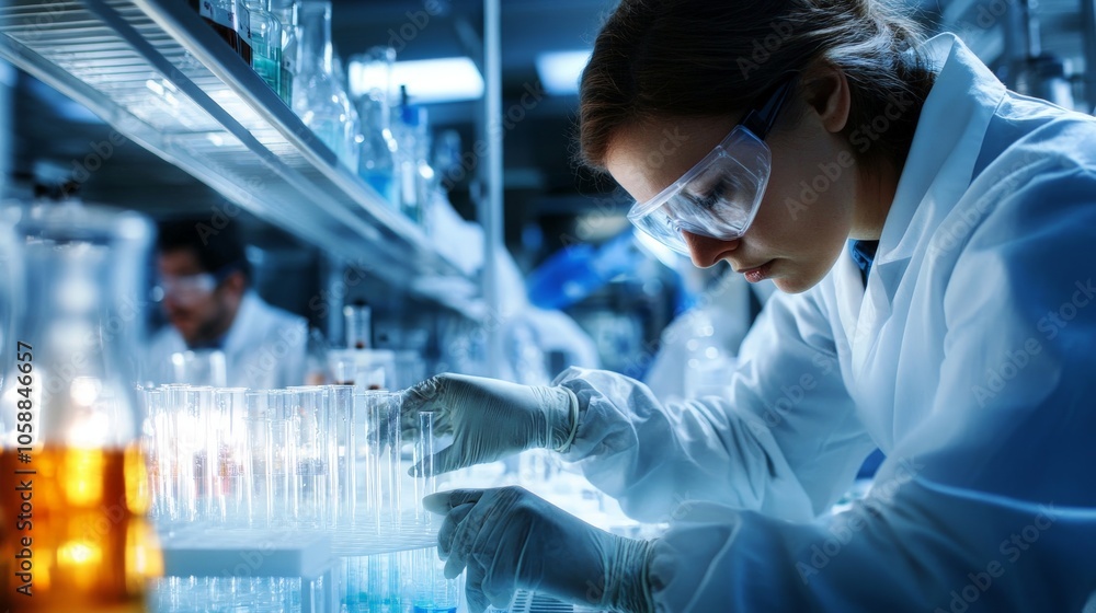 A Scientist in a Lab Coat Examines Test Tubes in a Laboratory