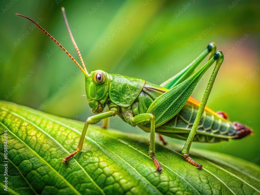 Close-Up Portrait of a Green Grasshopper on a Leaf, Nature's Beauty, Insect Macro Photography, Long Antennae, Folded Wings, Vibrant Green Colors, Detailed Insect Features Close-Up Portrait of a Green Grasshopper on a Leaf, Nature's Beauty, Insect Macro Photography, Long Antennae, Folded Wings, Vibrant Green Colors, Detailed Insect Features