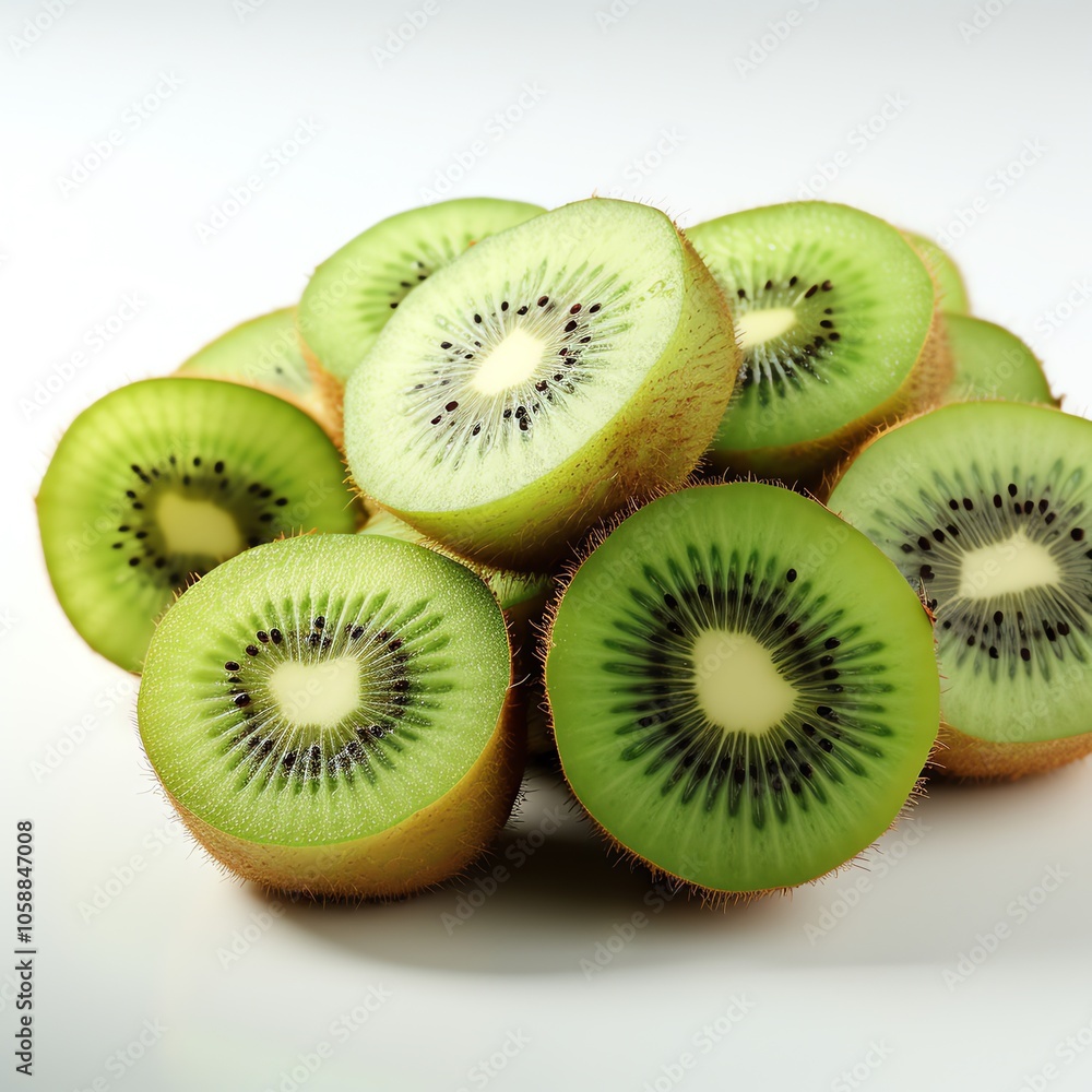 A pile of fresh, green kiwi slices, cut in half, on a white background. A pile of fresh, green kiwi slices, cut in half, on a white background.