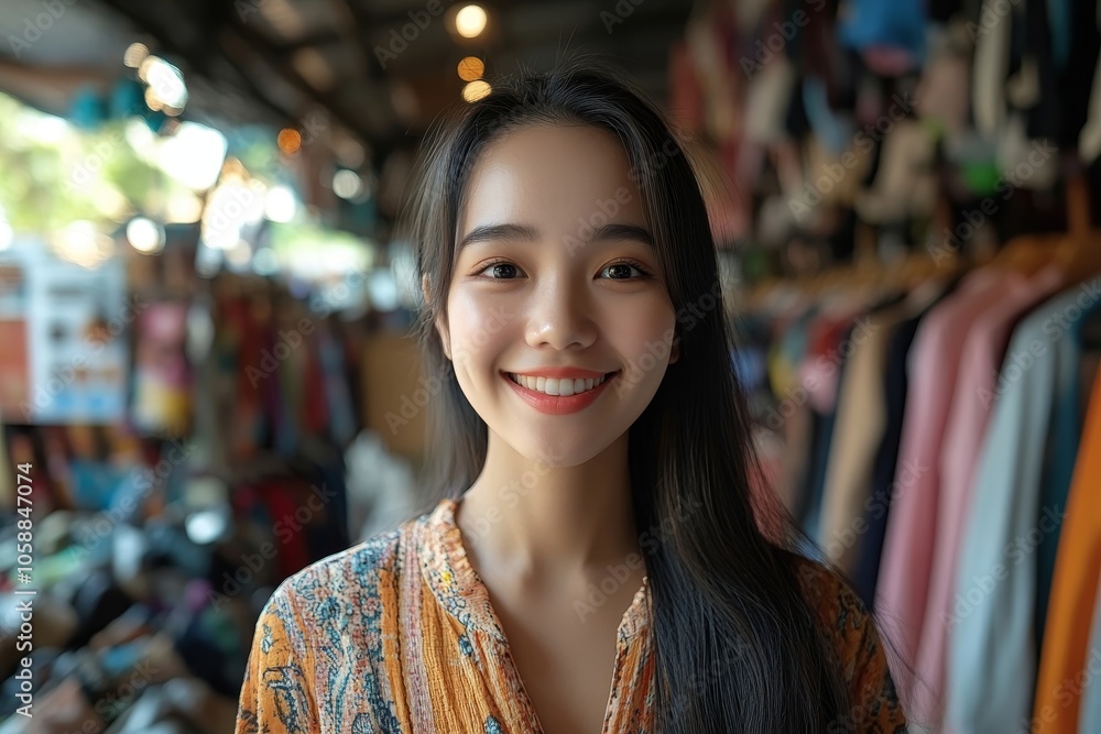 social media market concept. Young Asian woman seller showing second-hand clothes during live streaming in the mobile application, Generative AI social media market concept. Young Asian woman seller showing second-hand clothes during live streaming in the mobile application, Generative AI