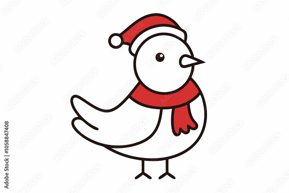 Vector Outline of A cute Dove wearing a Santa clause hat and scarf on white background. Vector Outline of A cute Dove wearing a Santa clause hat and scarf on white background.
