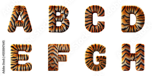 Typography Design with Tiger Texture: Stylized Alphabet Letters A, B, C, D, E, F, G, H with Tiger Fur Pattern