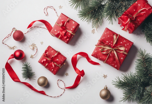 This Christmas composition contains gifts fir tree branches red decorations on a white background It photo