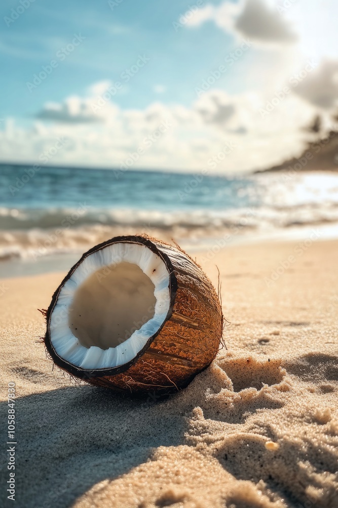 Coconut on beach with ocean Coconut on beach with ocean