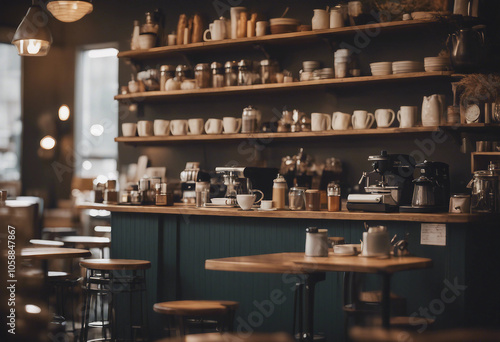 This stunning coffee shop photograph featuring a cozy shelf and table setup perfect for a cafe