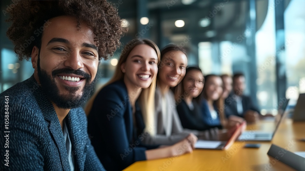 Fototapeta premium Diverse group of business professionals smiling in a modern office setting