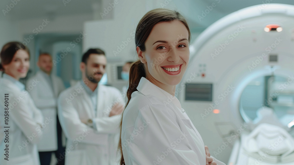 Young female doctor smiles confidently at the camera while colleagues work in a medical imaging room Young female doctor smiles confidently at the camera while colleagues work in a medical imaging room