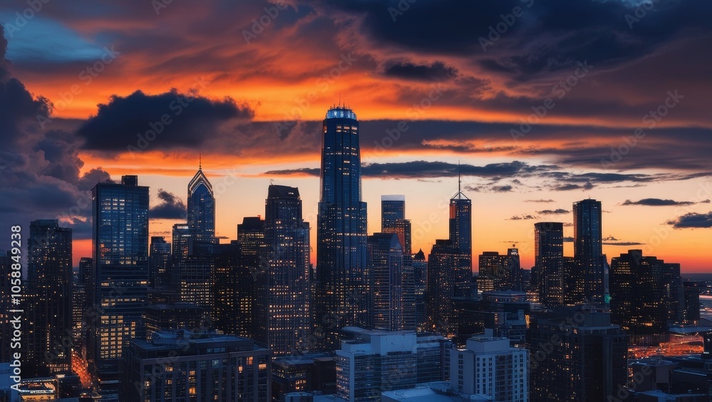 Fototapeta premium Stunning sunset cityscape with skyscrapers rising against a glowing, vibrant, and dynamic sky.
