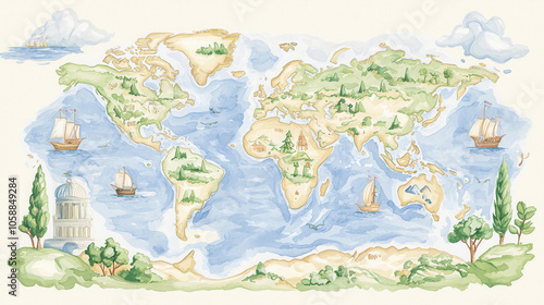 A colorful, illustrated world map featuring landscapes, ships, mountains, and trees, representing geographical diversity and adventure.