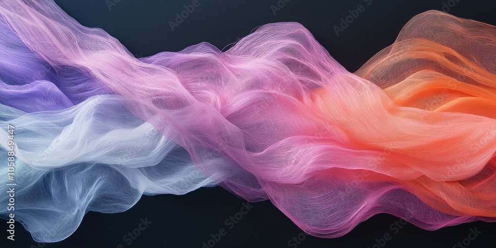 Obraz premium A colorful, abstract piece of art with a purple, pink, and orange wave. The colors are bright and the wave is very long