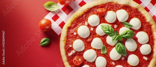 Delicious margherita pizza topped with mozzarella, basil, and tomato on a red checkered tablecloth.