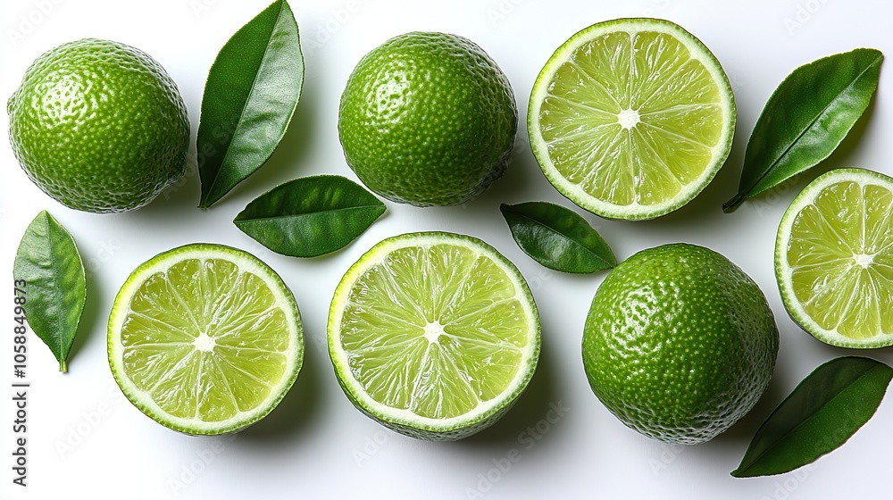 Slices of lime and green leaves are isolated on white background in top-down view Slices of lime and green leaves are isolated on white background in top-down view