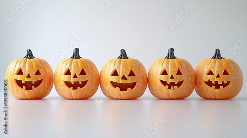 Smiling carved pumpkins in row, set against white background to create light-hearted Halloween concept