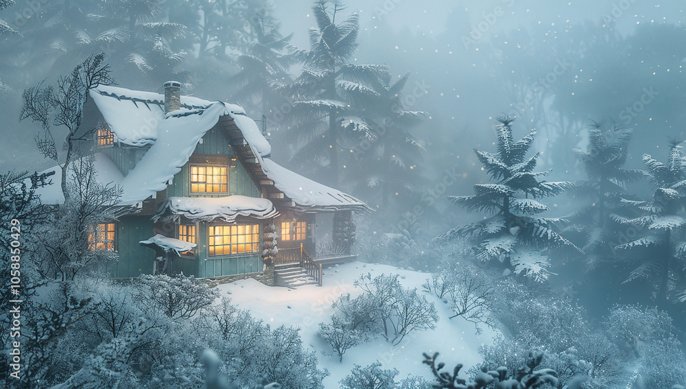 Naklejka premium House in snow, blue color theme, cozy environment